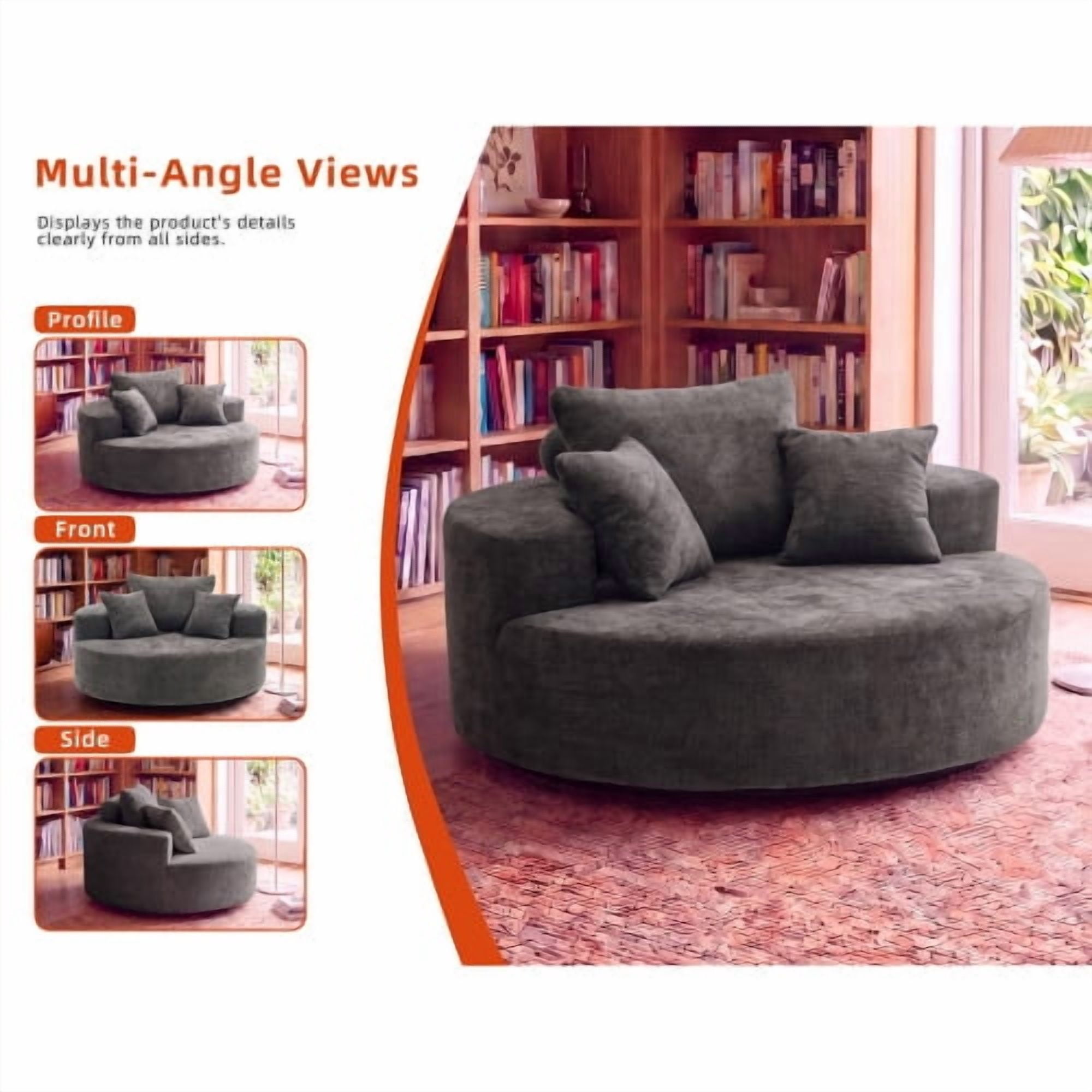 55" Oversized Round Swivel Chair, 360° Rotating Chenille Cotton Blend Accent Chair with High-Density Foam Cushion, Modern Comfy Seating for Living Room, Bedroom, Reading Nook – Gray