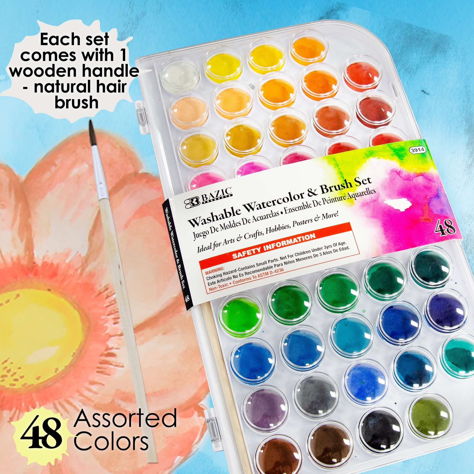 BAZIC Watercolor w/ Brush & Mixing Palette, 48 Color Non-Toxic Paint Set, 2-Pack