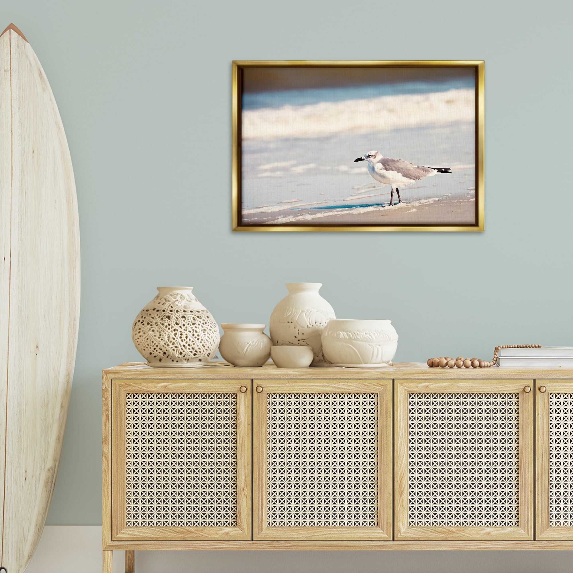 Stupell Industries Seagull Stepping on Shore Coastal Photography Gold Floater Framed Canvas Art Print Wall Art, 31 x 21