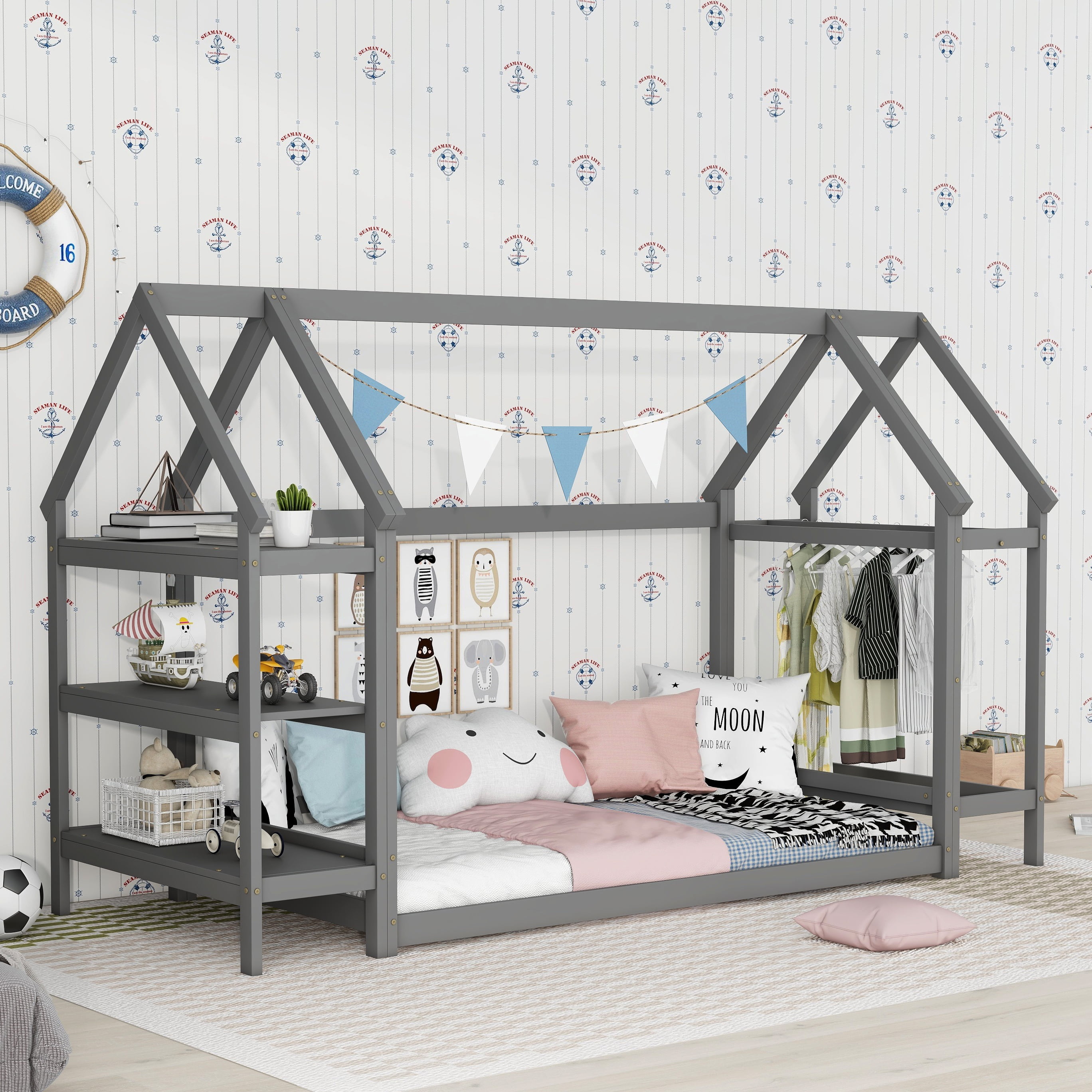 Bellemave Twin Size Floor Bed for Kids, Wooden House Bed with