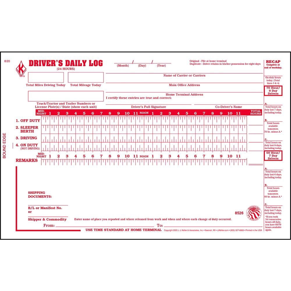 Driver Daily Log Book 50-pk. with 7- & 8-Day Recap - Book Format, 2-Ply Carbonless, 8.5" x 5.5", 31 Sets of Forms Per Book
