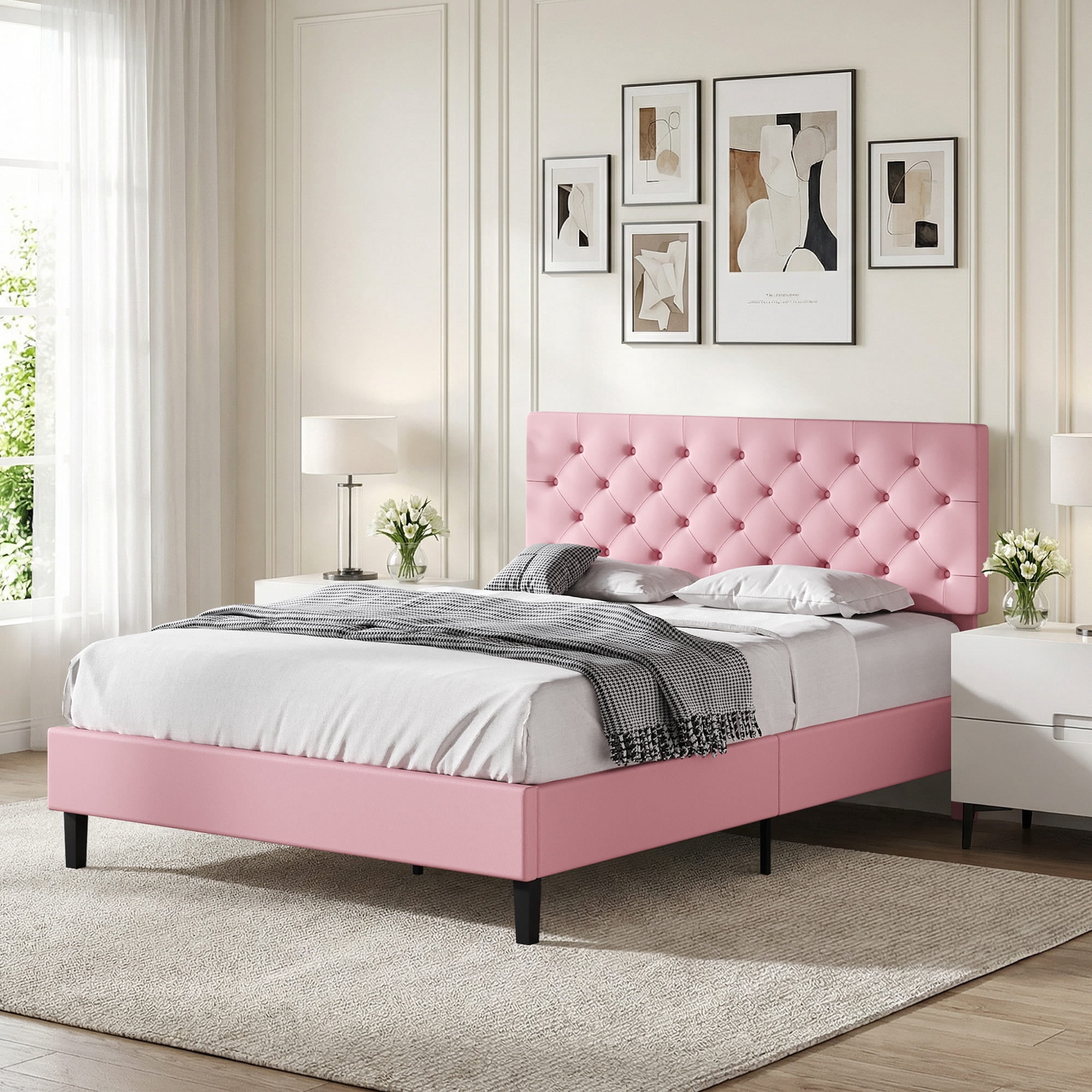 4 EVER WINNER Full Upholstered Bed Frame with Adjustable Headboard, Button Tufted Linen Bed Base, Platform Bed with Wood Slat, Heavy Duty, Easy Assembly, No Box Spring Needed, Pink