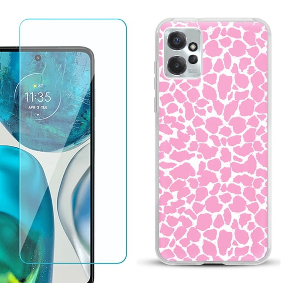 OneToughShield ® for Motorola Moto G Power 5G 2023 Shockproof Fashion Phone Case, with Tempered Glass Screen Protector - Giraffe/Pink
