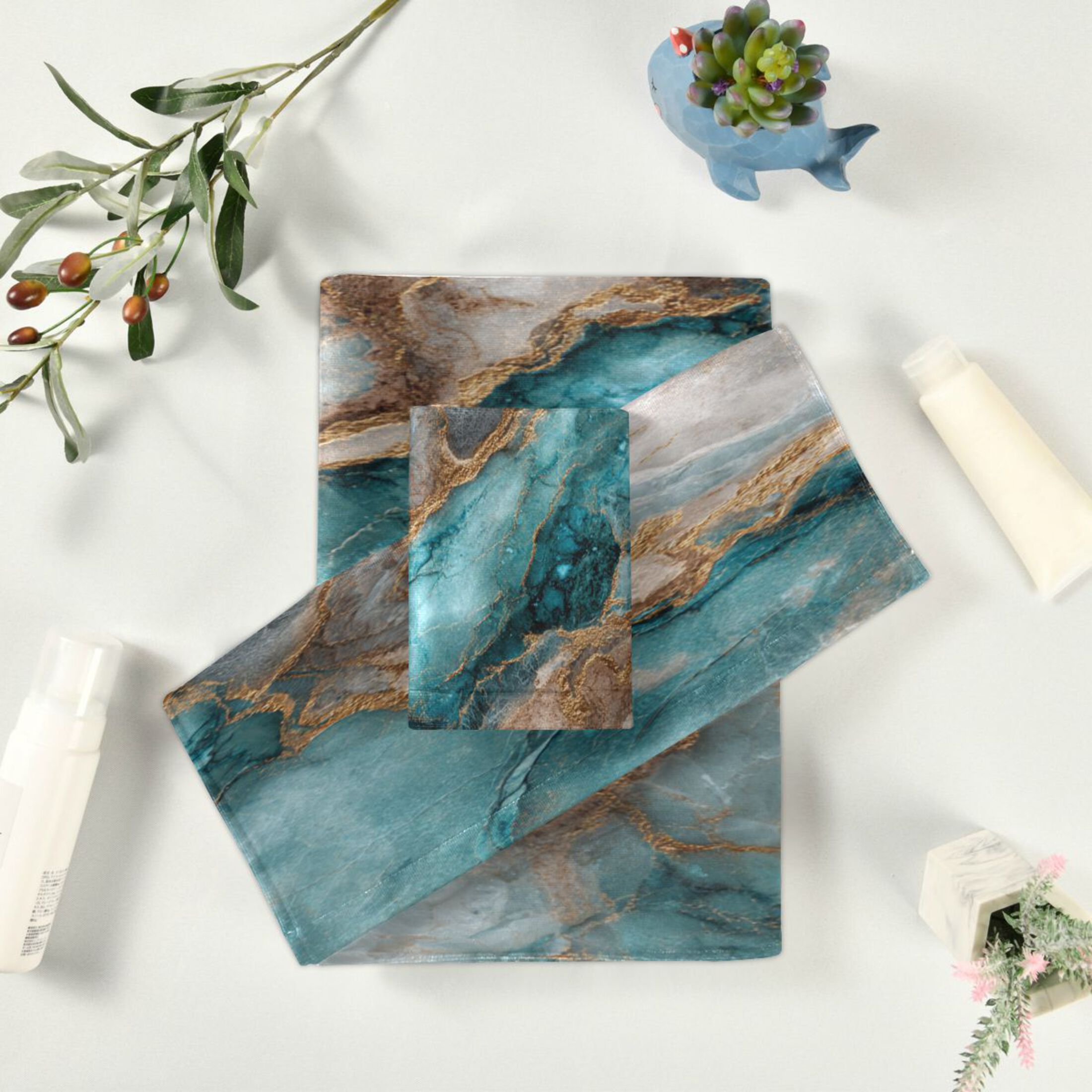 3 Sizes of Towel Sets Including Bath Towel Hand Towel and Washcloth for Daily Use Turquoise and Gold Marble