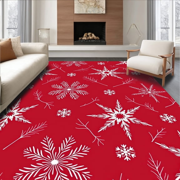 ODIKA 4'x6' Machine Washable Non-Slip Area Rug, Joyful Season Snowflake Celebration Hearth Entrance High Traffic Rug, Red, 608365