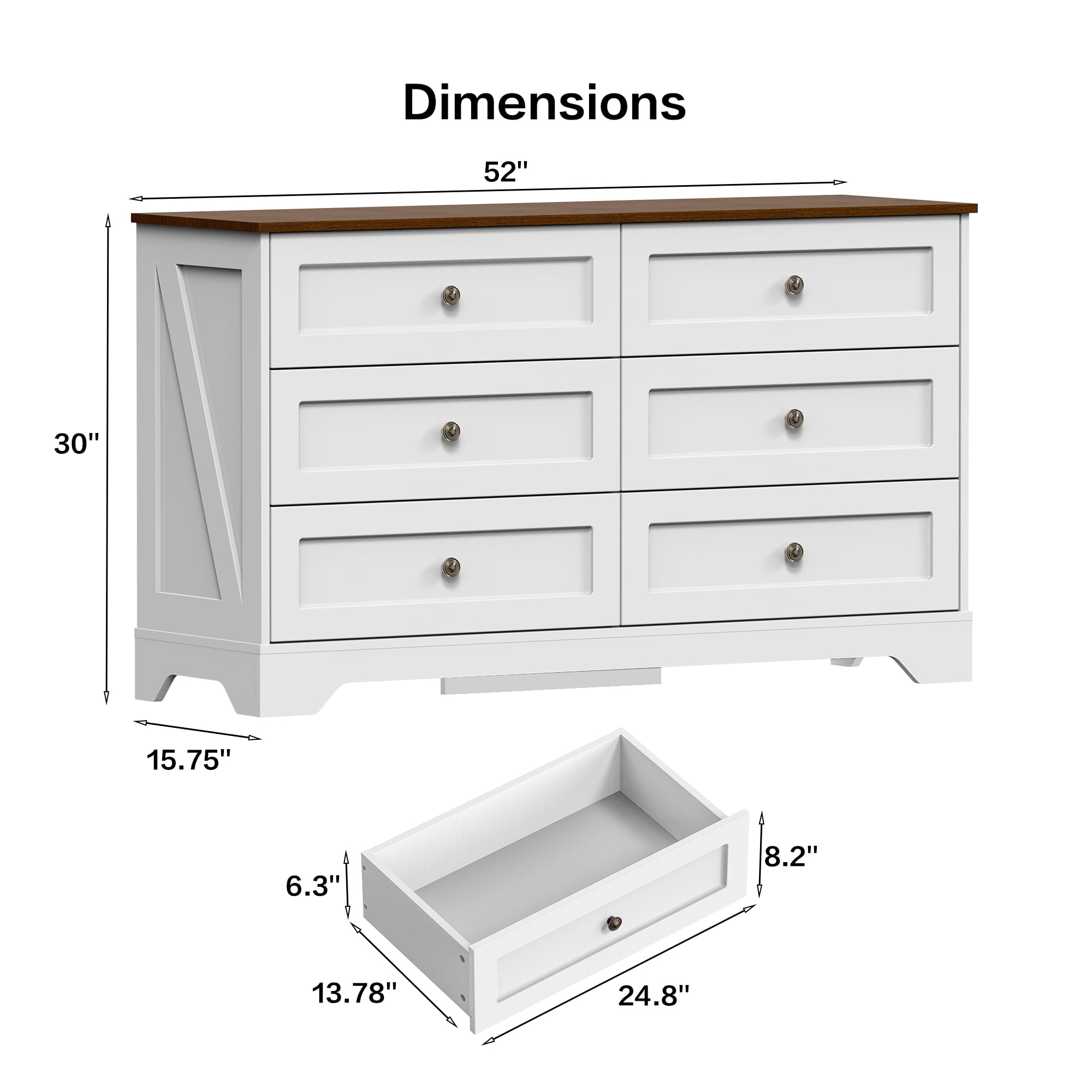 6 Drawers Dresser for Bedroom, 52" White Wood Chest of Drawers with Metal Vintage Handle, Farmhouse Storage Dressers Organizer TV Stand for Living Room, Hallway