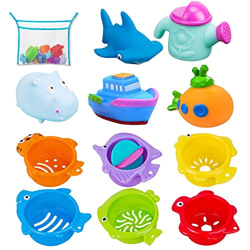 INNOCHEER Bath Toys and Stacking Cups for Toddlers with Quick Dry Organizer Net-13 Pcs Early Educational Toy for Bathtub Game, Beach and Pool Party