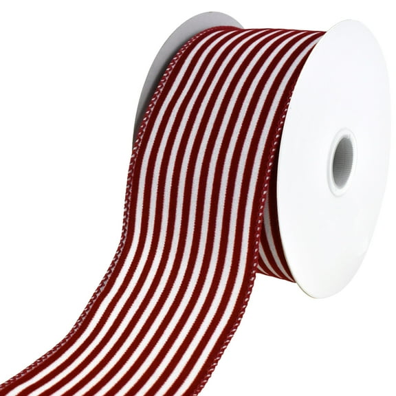 Flocked Velvet Cabana Stripes Wired Ribbon, 2-1/2-Inch, 10-Yard - Red/White