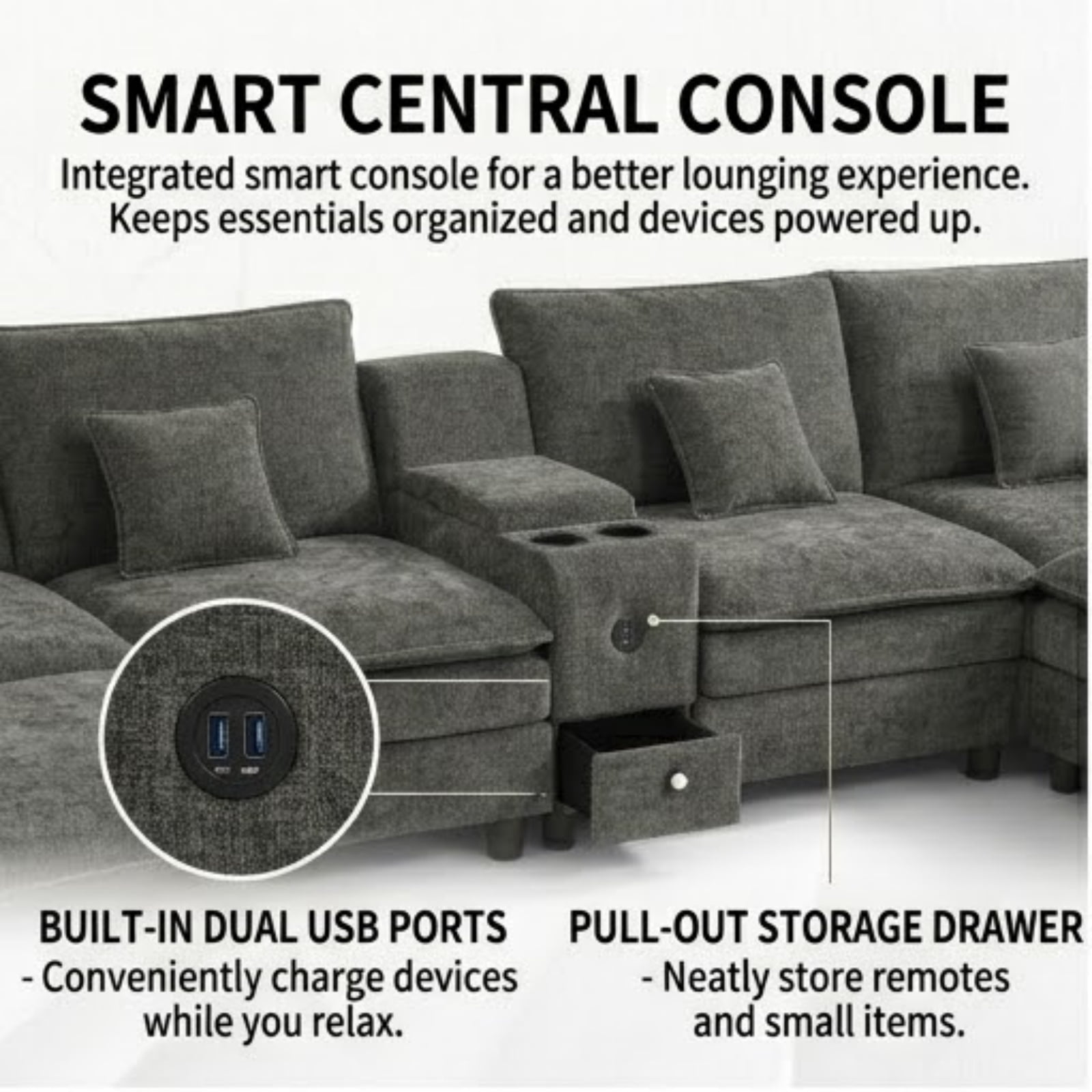 Modular U-Shaped Sectional Sofa with Reversible Chaise, USB Charging Ports & Storage Drawer, 6-Seater Sofa Couch with Flip-Top Cup Holder Console, Arm Pockets & Detachable Cushions