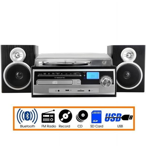 3-Speed Turntable with CD Player, FM Radio, Bluetooth & Wired Shelf Speakers