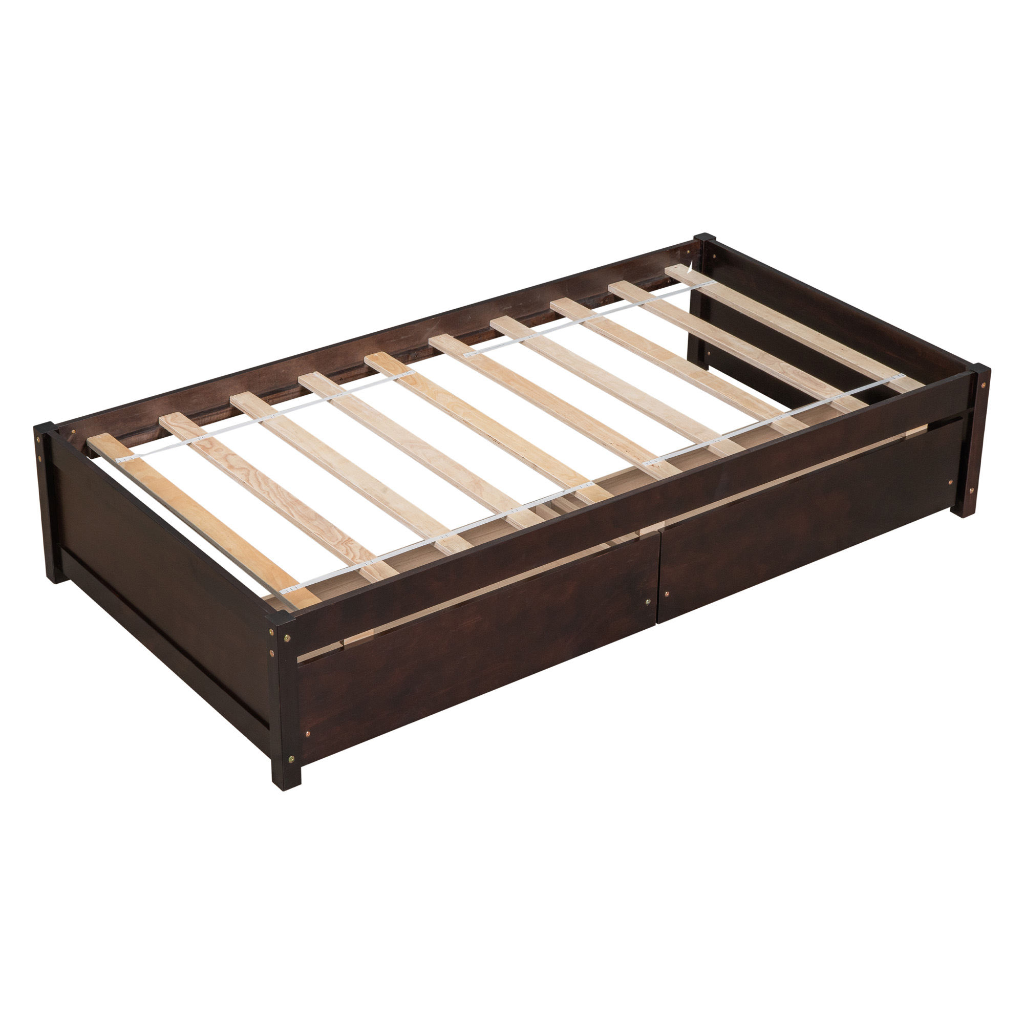 DEALTOPS Twin Bed with 2 Drawers Solid Wood Bed Frame with Storage for Kids Teen Adults, Espresso