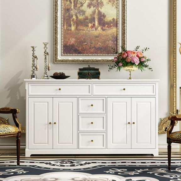 MMZP White Kitchen Sideboard Buffet Cabinet with 4 Doors & 5 Drawers, 59.1" W Large Storage Cabinet Console Table Entryway Cupboard, Wood Buffet Server Bar for Dining Living Room