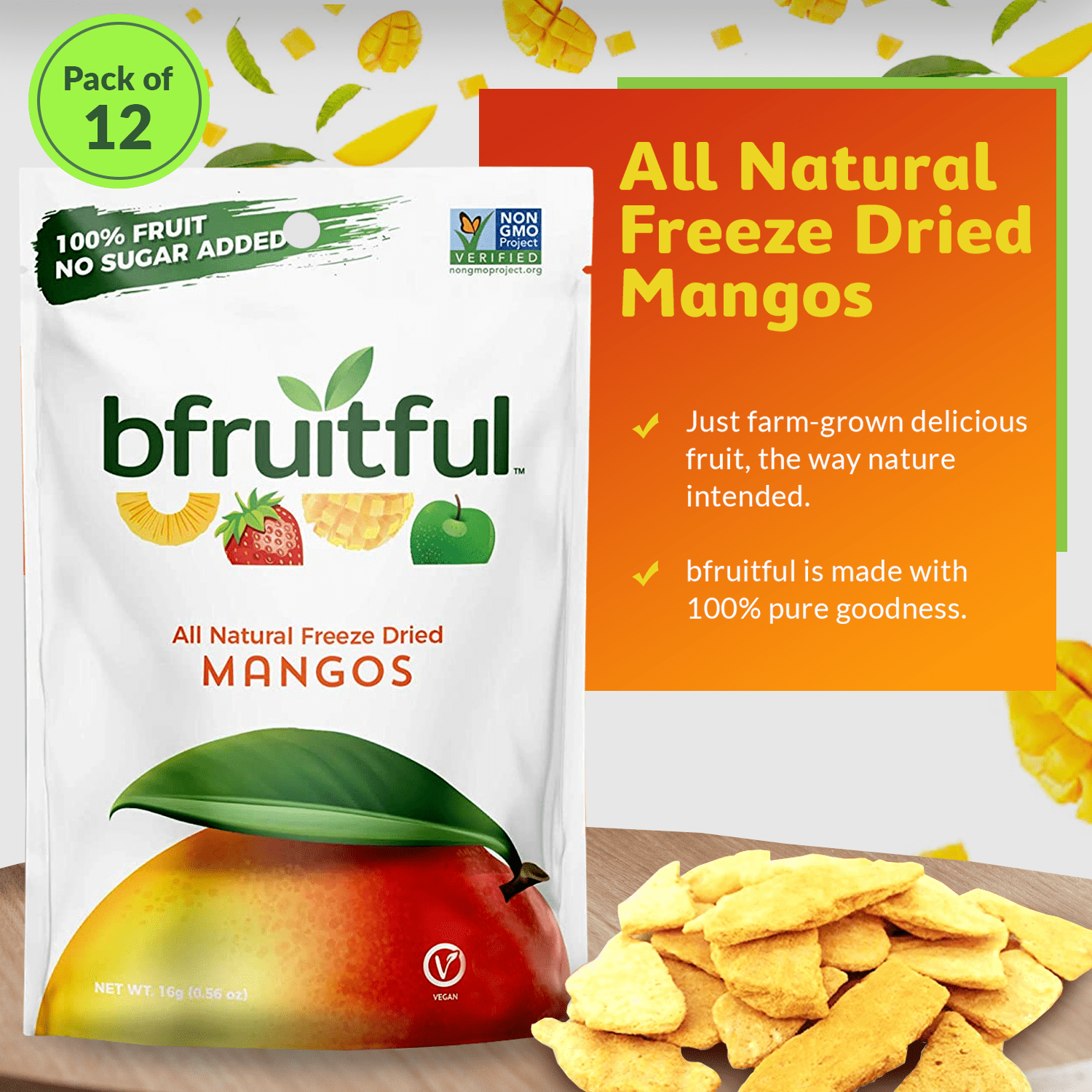bfruitful Freeze-Dried Mangos, 12-Count Bags, Gluten Free Dried Fruits