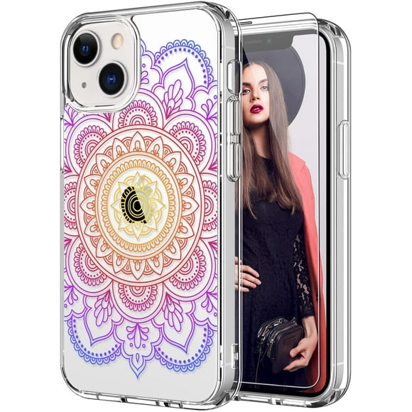 ICEDIO iPhone 13 Case with Screen Protector,Slim Fit Crystal Clear Cover with Fashionable Designs for Girls Women,Protective Phone Case for iPhone 13 6.1" Pink Yellow Henna