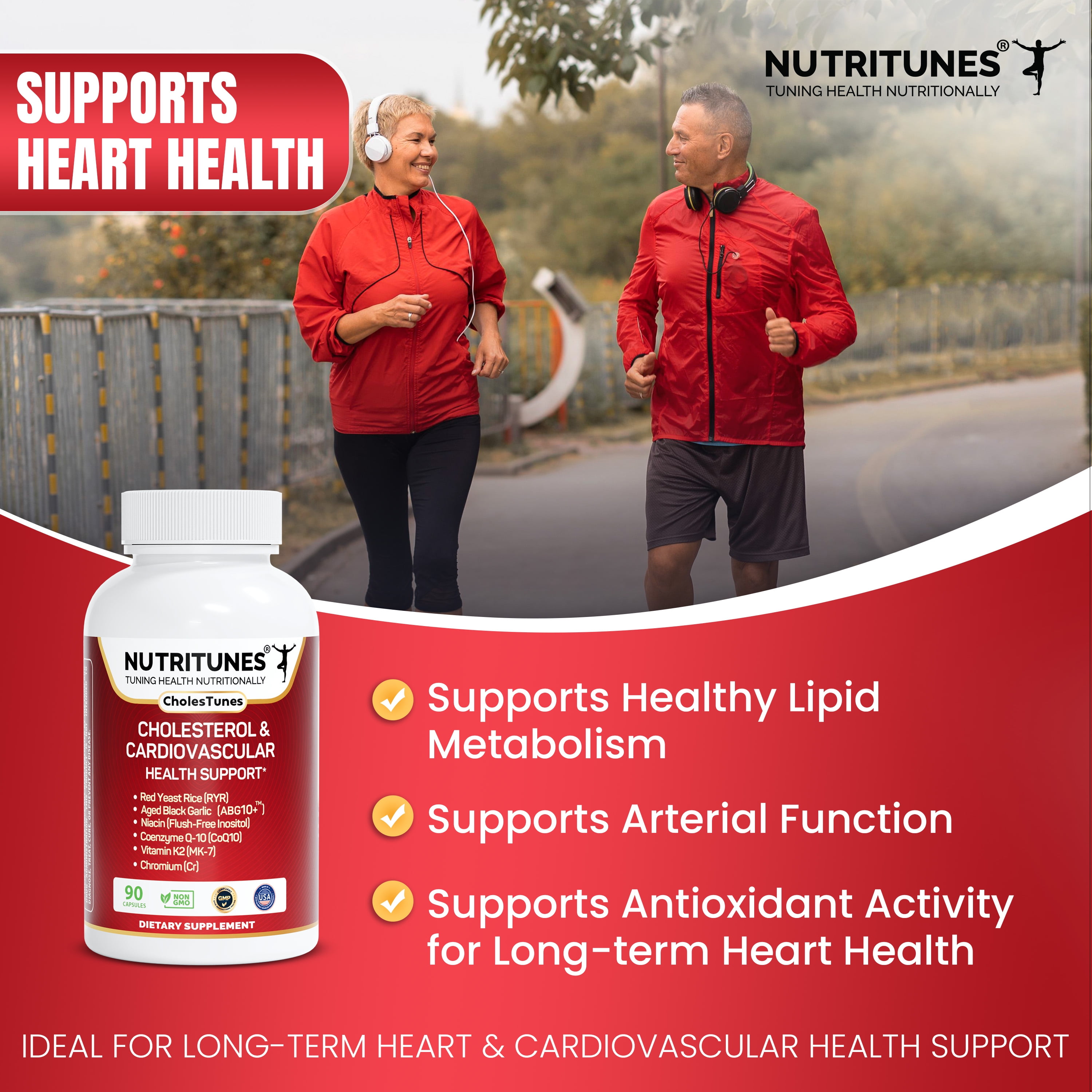 Cholestunes –Cholesterol & Heart Health Support Advanced Supplement  Red Yeast Rice (RYR), Aged Black Garlic CoQ10, Niacin (Flush-Free), Chromium & Vitamin K2– 90 Capsules