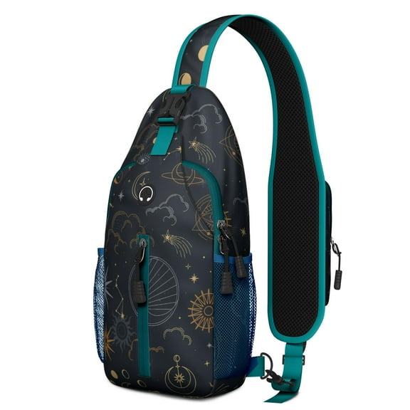 Mystical Gothic Celestial Sling Backpack with Golden Sun & Moon Astrology Print, Lightweight Crossbody Daypack for Travel, Adjustable Strap, Multiple Compartments for Daily Use