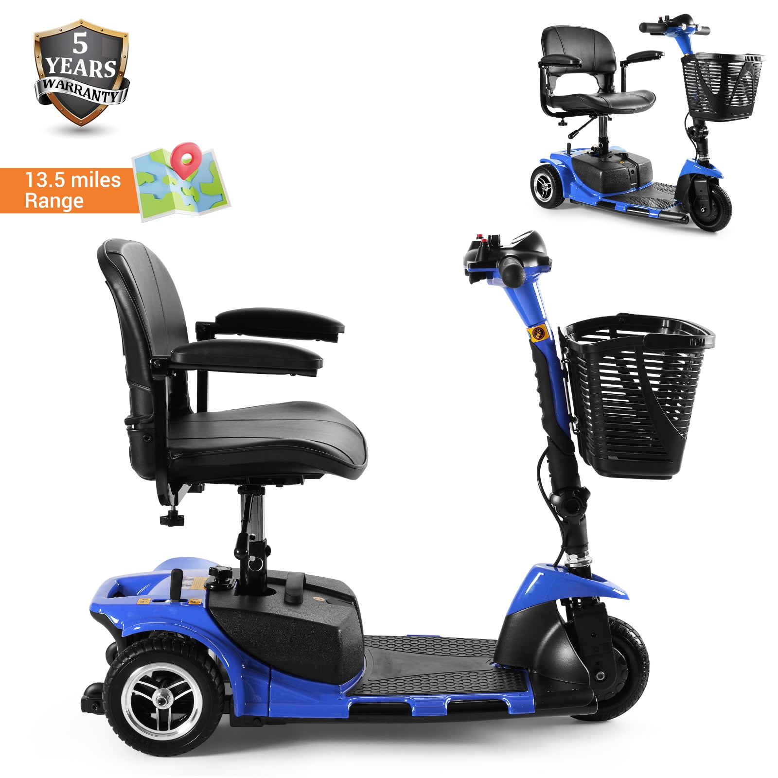 TEKAMON 3 Wheels Folding Powered Mobility Scooter for Senior/Adult Compact Electric Wheelchair for Travel, W/ Long Range Battery and Charger, Blue