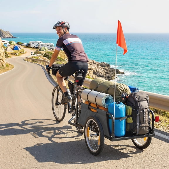 Soozier Bike Trailer with Open Frame for Bicycle Cargo Trailer with 16 Inch Wheels Aluminum Rims for Hauling Long Items, Gray