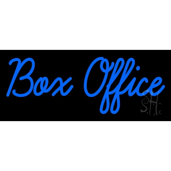 Blue Box Office LED Neon Sign 10" Tall x 24" Wide - inches Black Square Cut Acrylic Backing, with Dimmer - Premium built indoor Sign for Storefront, Store interior, Café, Events, Cinema.