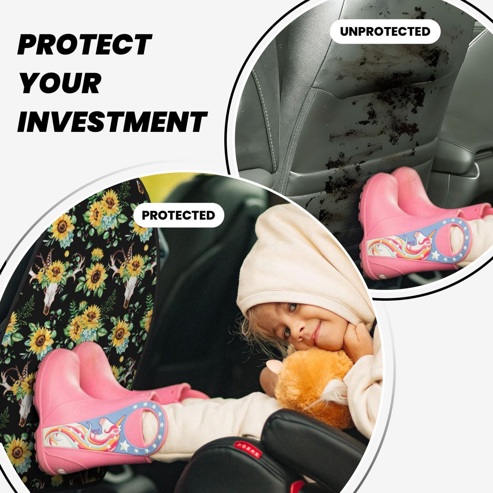 Xecao Sunflower Skull Boho Pattern Car Seat Back Protector 2 Pack Large Capacity Pocket, Kick Mats Back Seat Protector