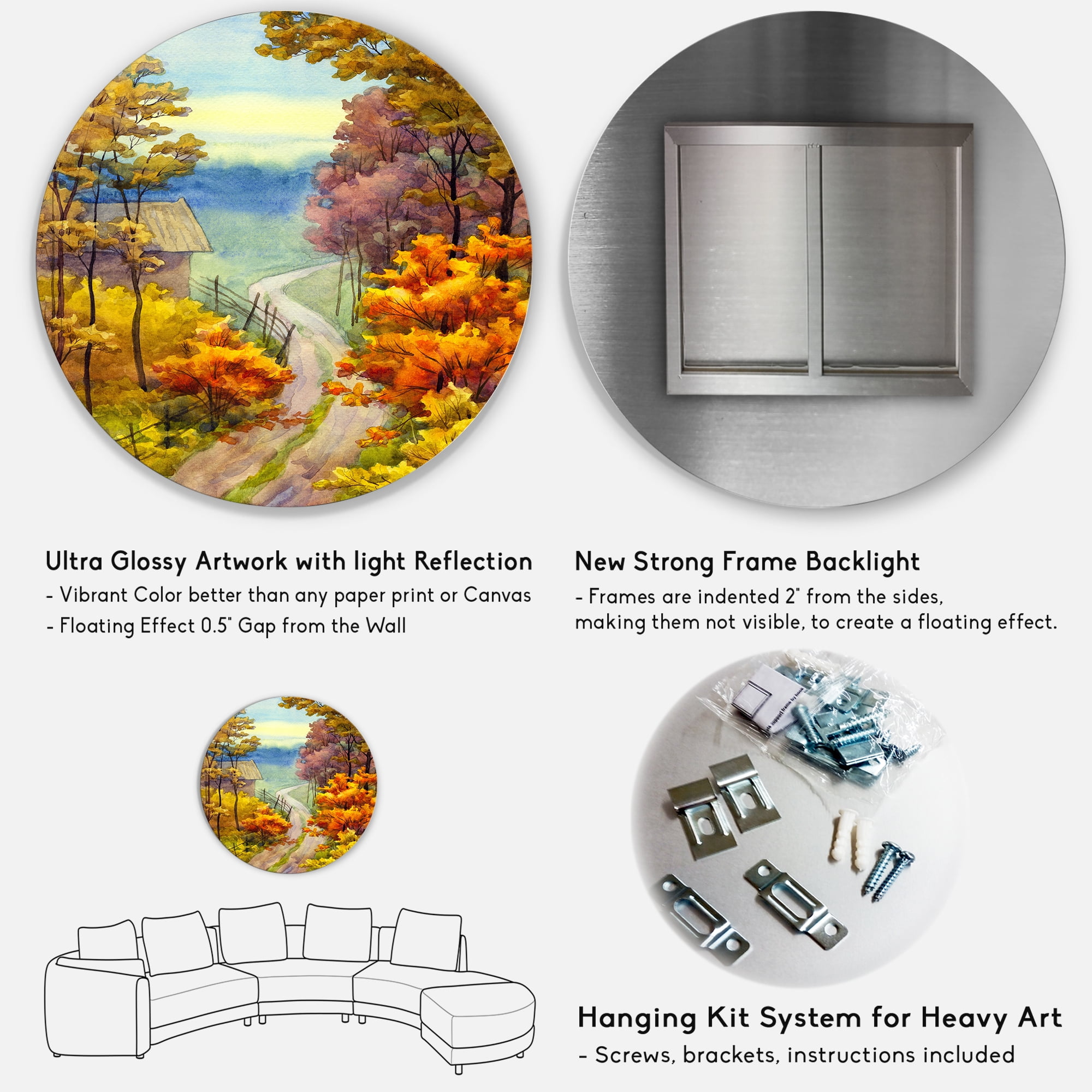 Designart 'Little Road Through VIbrant Autumn Scene' Lake House Circle Metal Wall Art 23x23 - Disc of 23