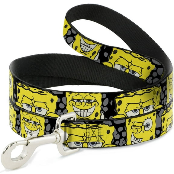 Nickelodeon Pet Leash, Dog Leash, SpongeBob Close Up Expressions Crackle Black Gray Yellow, 4 Feet Long 0.5 Inch Wide