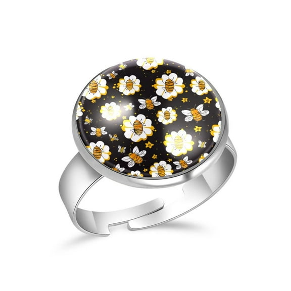 PhooArto Cartoon Bees Flowers Pattern Stainless Steel Rings for Women, Open Adjustable Ring Promise Ring Jewelry Gifts