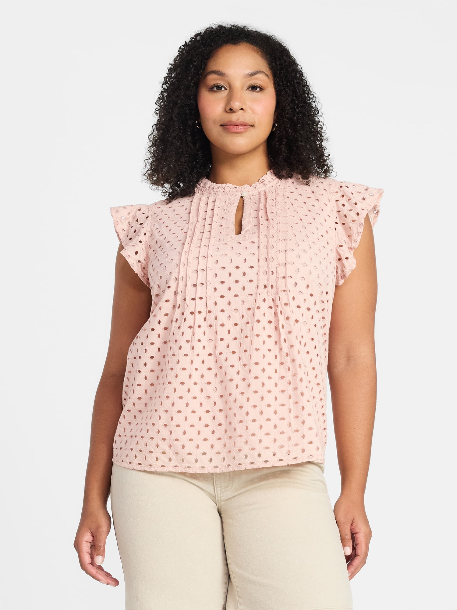 Time and Tru Women's Cotton Eyelet Top with Short Flutter Sleeves, Sizes XS-XXXL