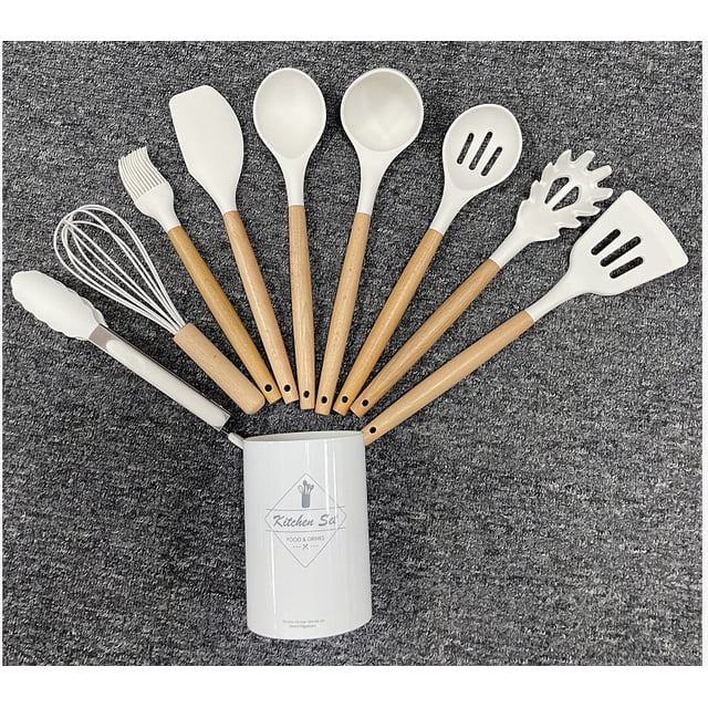 Utensilios de cocina de silicona con mango de madera de colores para el hogar, juego de 11 piezas, utensilios de cocina