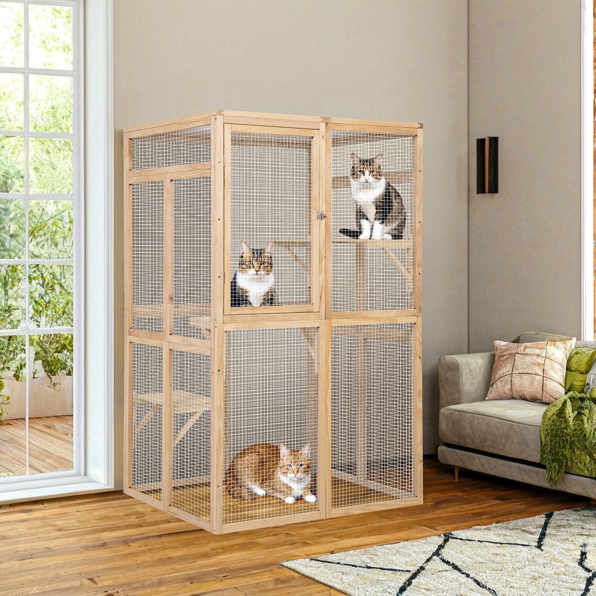 Pefilos 64" Outdoor Cat House, Large Cat Condo for Feral Cats Wooden Outside Cat Cage Weatherproof with Platforms, Beige