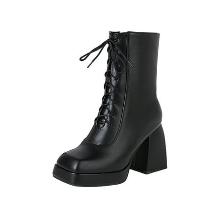 

jsaierl Solid Color Waterproof Lace-up Platform High-heeled Women s Ankle Boots