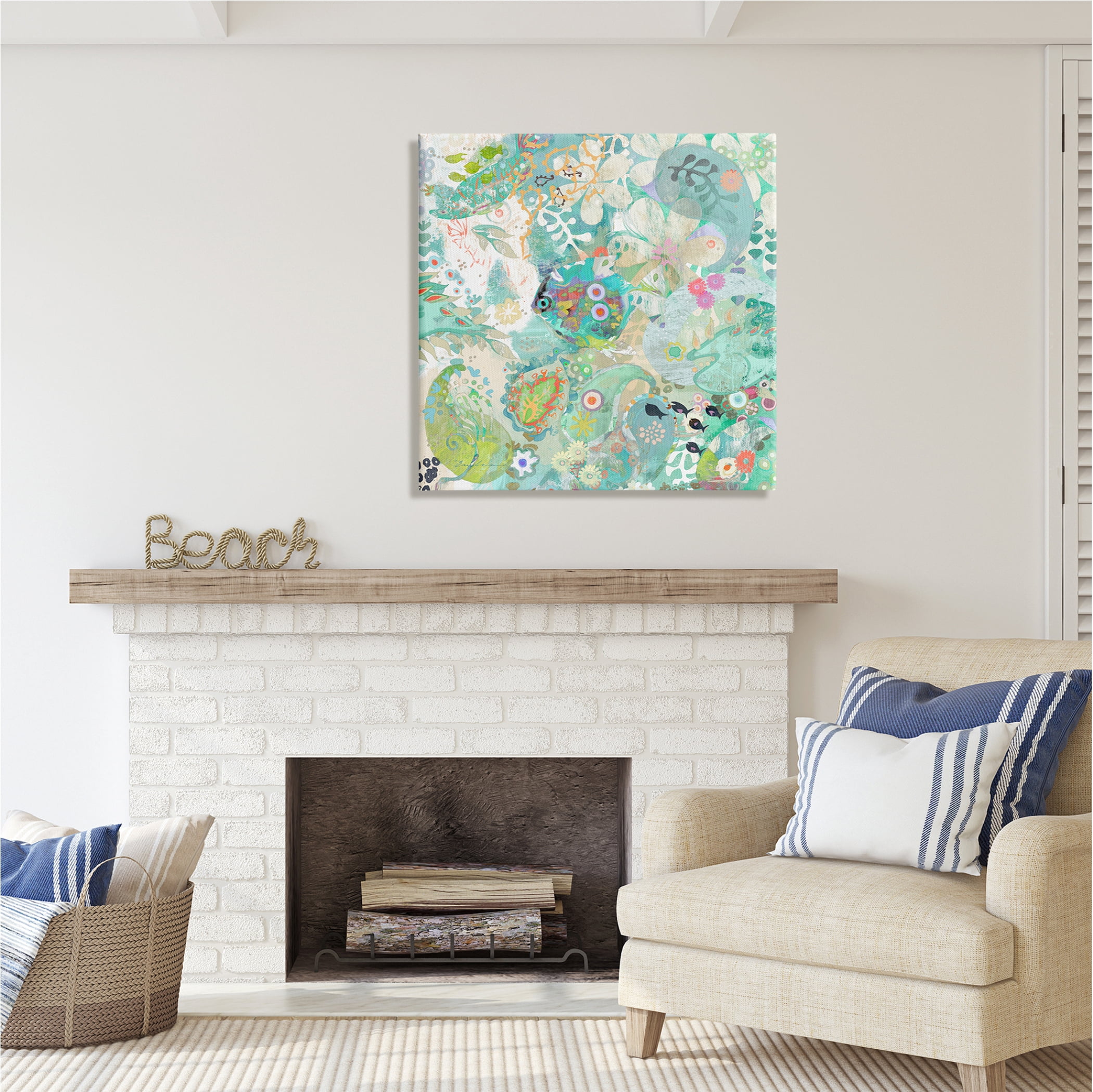 Stupell Industries Green Paisley Fish Pattern Botanical & Floral Painting Gallery Wrapped Canvas Print Wall Art, 30 x 30