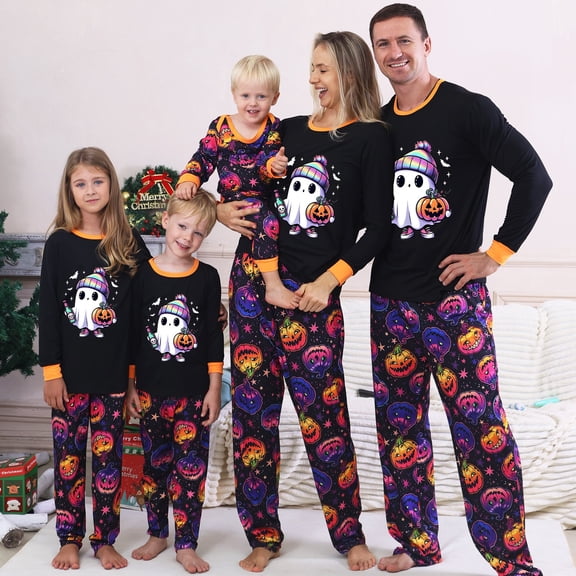 Yuaguia Black Matching Family Halloween Pajamas Sets, Long Sleeve Cute Ghost Print Tops, Colorful Pumpkin Pants Festive Sleepwear for Women, Men, Kids, Baby, Toddler