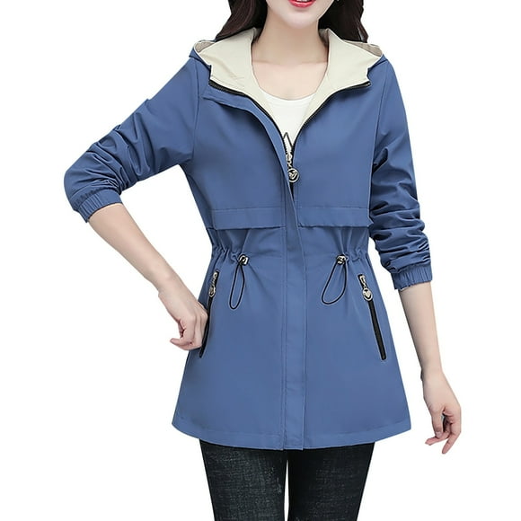 asddcavvf Women's Long Sleeve Fashion Solid Color Coat Zipper Lapel Hood Reversible Windbreaker Casu