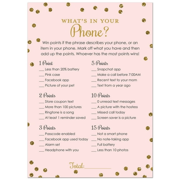 MyExpression What's in Your Phone Bridal Shower Game, Faux Gold Glitter on Pink, 5" x 7", 24 Cards