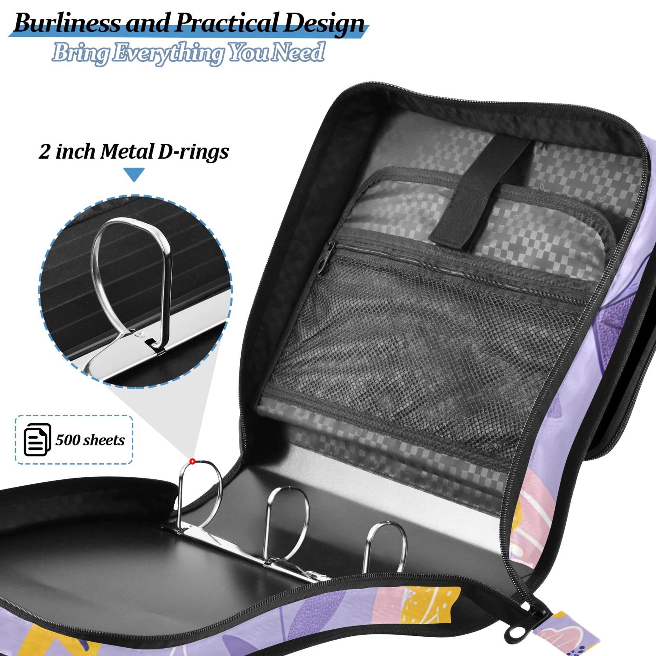 3 Ring Zipper Binder with Shoulder Strap Waterproof Trapper Keeper 2 Inch D-Ring 500 Sheets Capacity Abstract Flowers and Butterflies