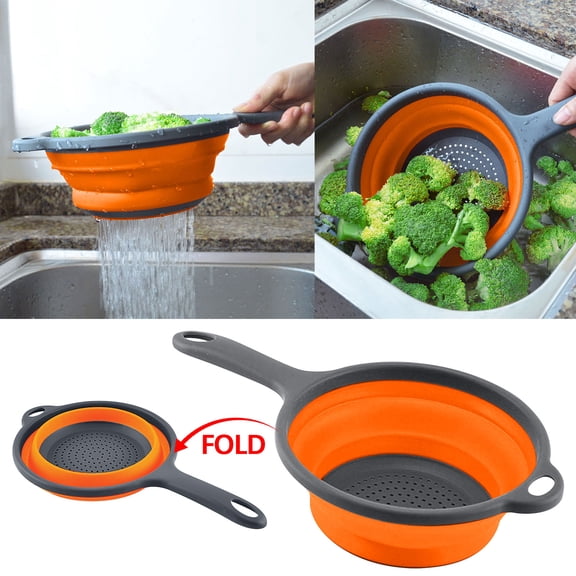 Zzbeans Foldable Over The Sink Colander Basket, Large Capacity 6 Quart Vegetable Fruit Strainer, Dishwasher Safe BPA Free Kitchen Washing Tool for Draining Pasta Salad, Orange