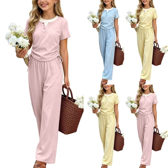 SGFCWSX Girls Summer Outfits 2 Piece Henley Neck Tops Elastic Waist Straight Leg Pants Casual Daily Clothing Set Pink Size 10