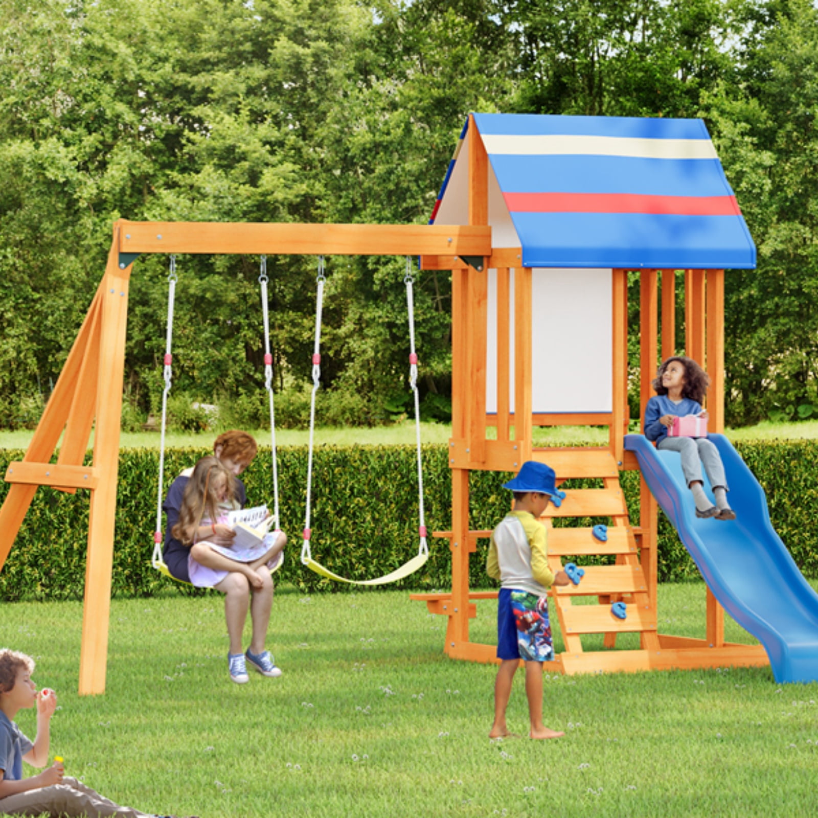 Wooden Outdoor Swing Set 3 In 1 Swing Set Outdoor Children's Playset With Slide , 2 Swings And Climber For Garden, Backyard And Playground, Blue,Blue