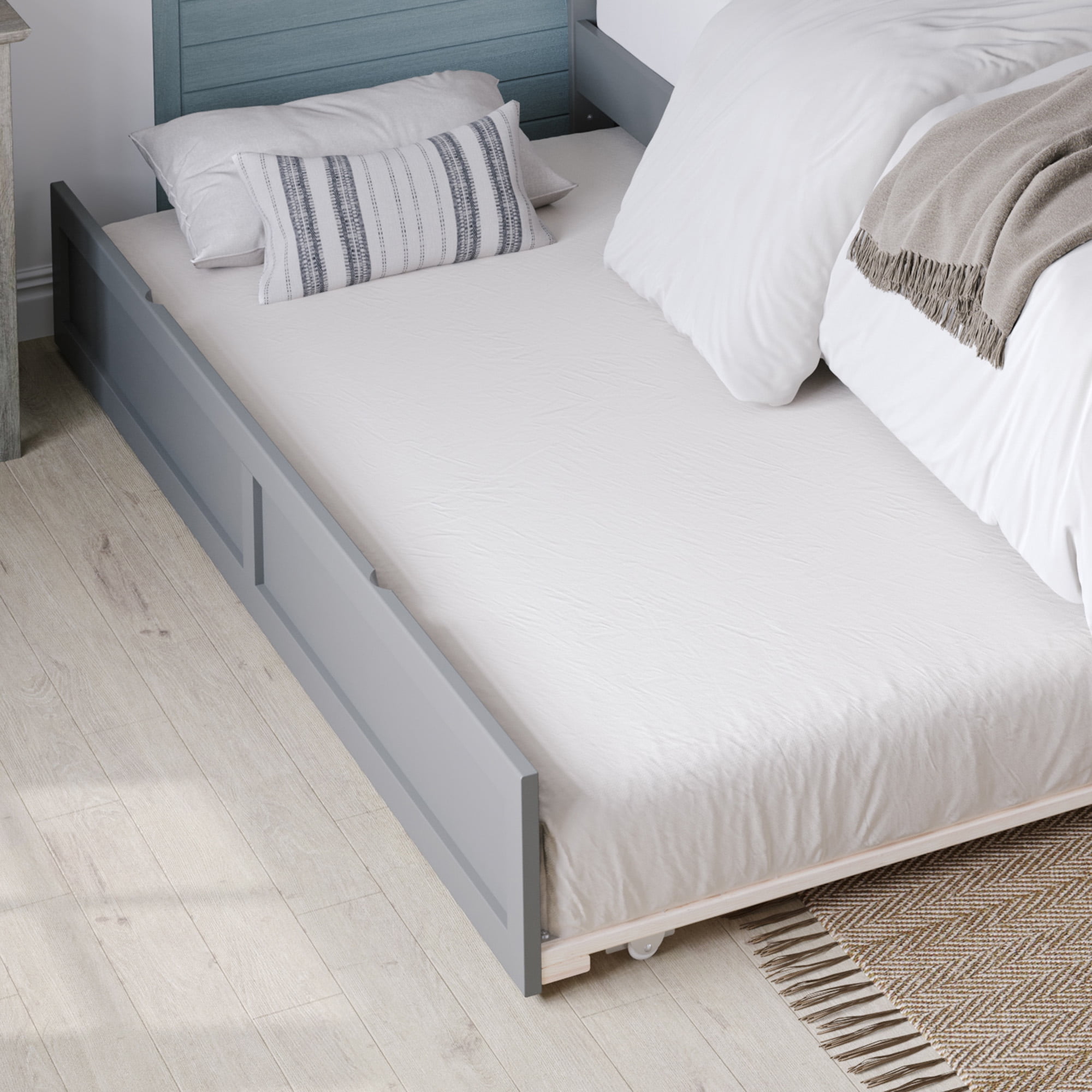 AFI Twin-XL Roll Out Wood Trundle Bed Frame with Wooden Slat Supports, Grey