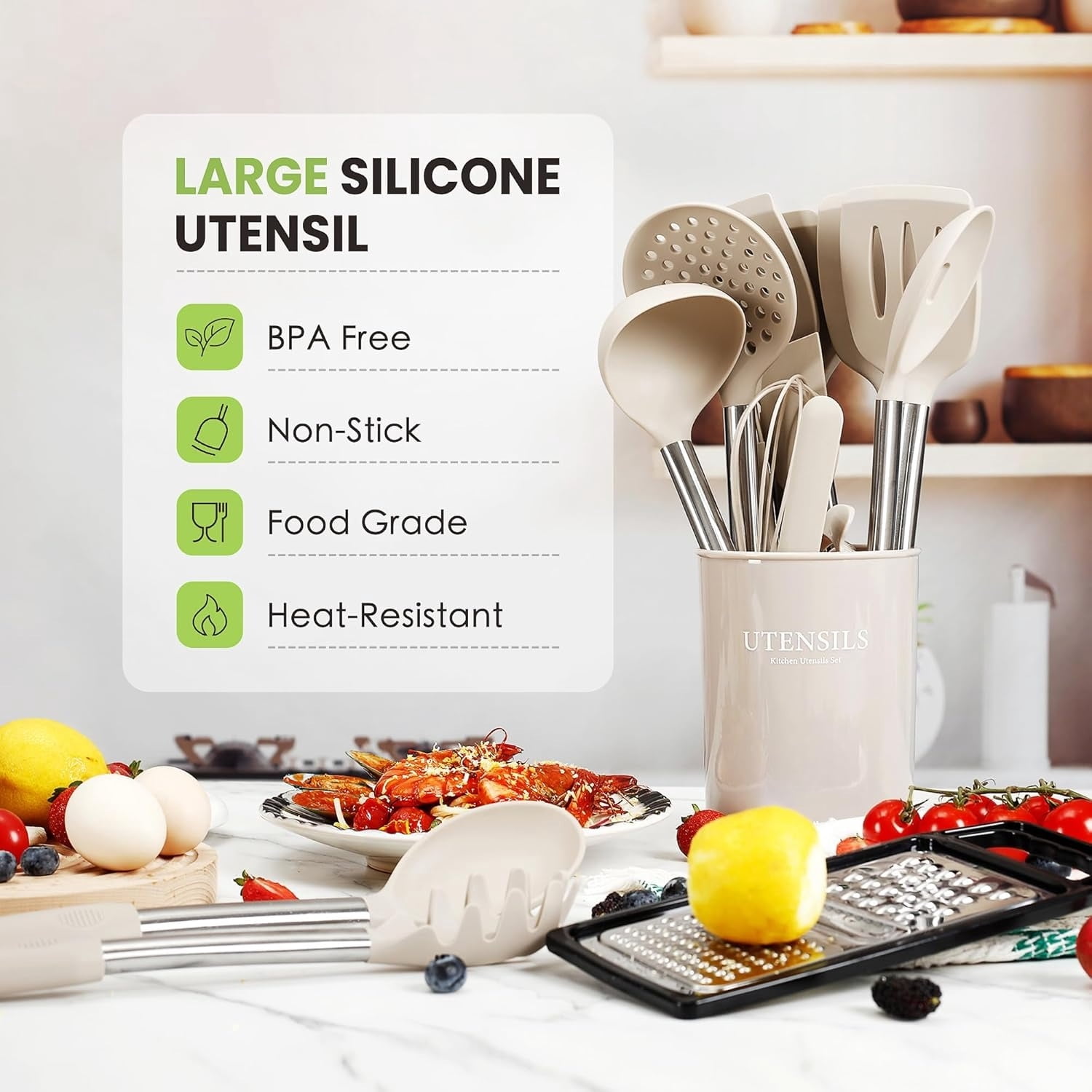 Large Cooking Utensils Set, 35 count  Kitchen Utensils Set with Holder, Stainless  Handle Spatula Set,   Grade  Kitchen Gadgets for Non- Cookware (Khaki)