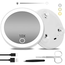 10X Magnifying Mirror with Lights, 4 inch Makeup Magnified Mirror 10X Lighted Travel Magnification with 3 Suction Cups Includes Tweezers & Scissors(White,4Inch)