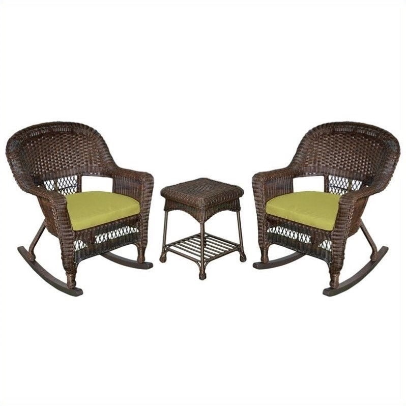 Jeco 3pc Wicker Rocker Chair Set in Espresso with Green Cushion by Jeco Inc.