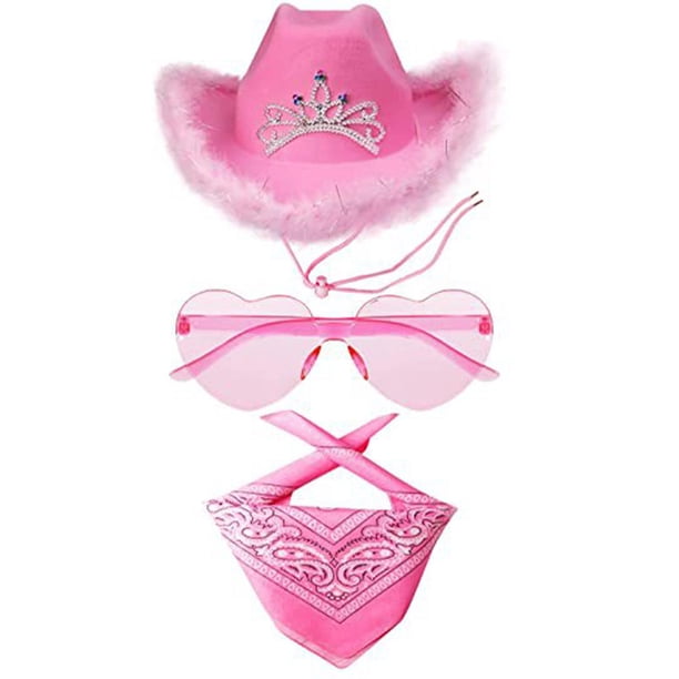 Set Vaquero Rosa De 4 Piezas – Sombrero, Gafas De Corazón, Pañuelo Y Pendientes De Bota, Para Disfraces De Halloween Y Fiestas Western