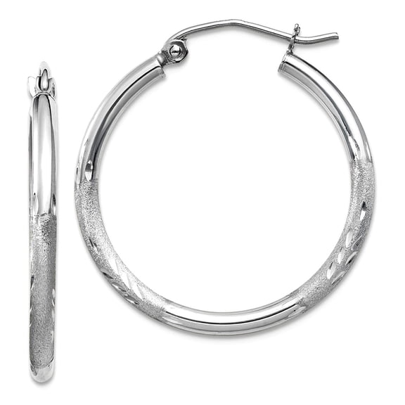 10k White Gold Satin and Sparkle-Cut 2mm Round Hoop Earrings 25mm Long 2mm Thick Hoop Earring for Women