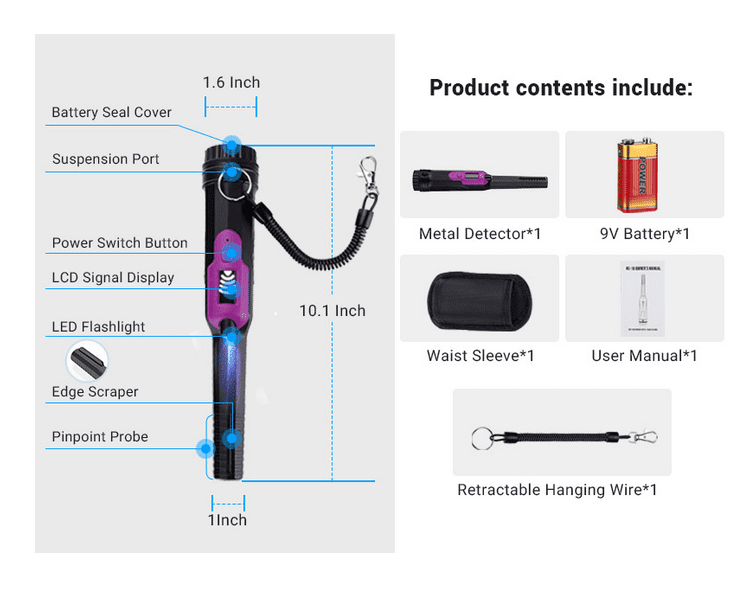 Metal Detector Pinpointer Handheld Pin Pointer Search Finder Probe With LCD Display,IP68 Waterproof 50Ft Depth for Adult,Metal Reader in 3 Alarm Modes