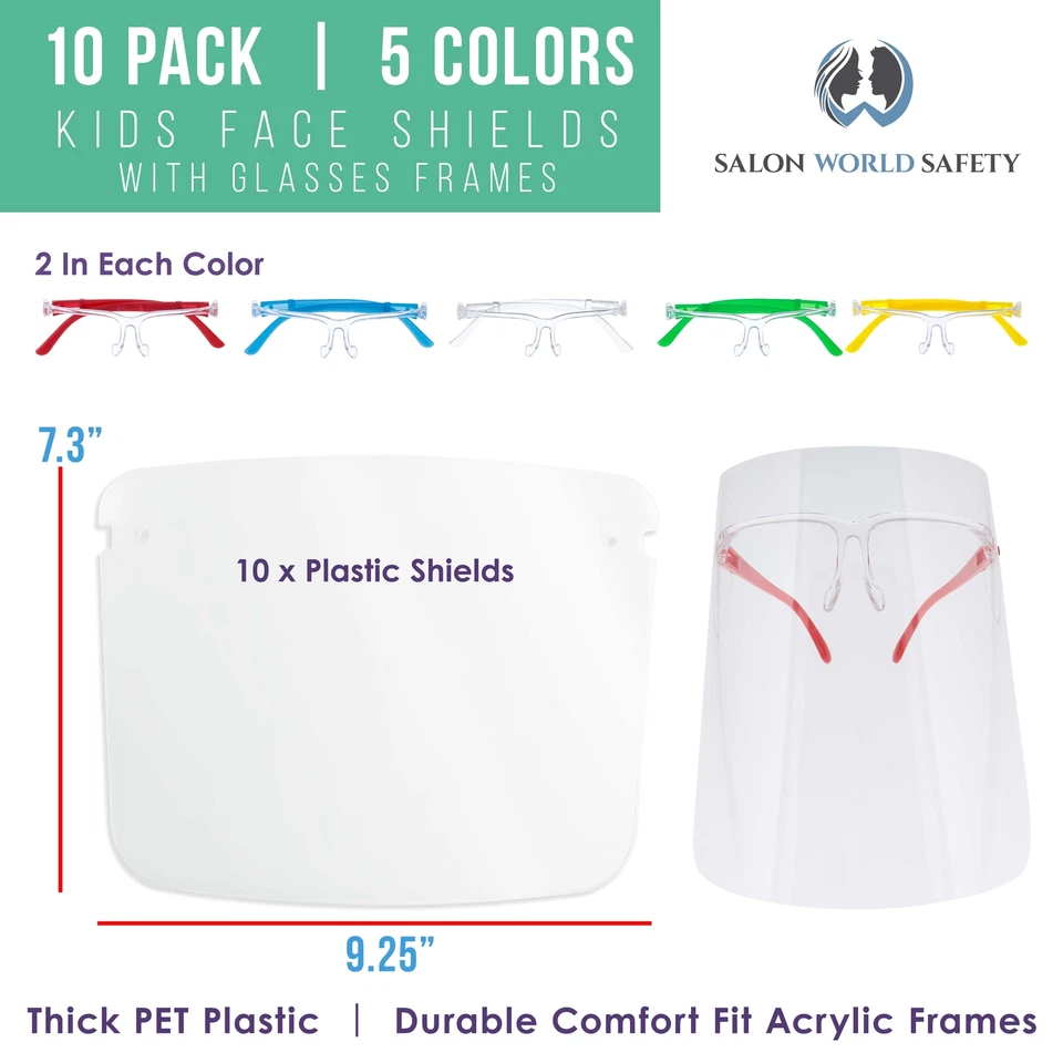 CRESTIN- Kids Protective Full Face Shields With Glasses Frames (Pack Of 10) - 5 Colors