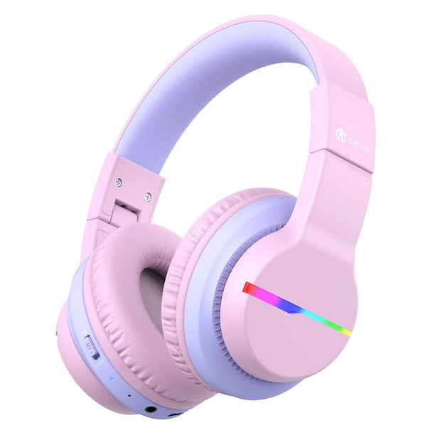 iClever BTH12 Kids Bluetooth Headphones,Colorful LED Lights Wireless Kids Headphones,74/85/94dB Volume Limited,85H Playtime,Bluetooth 5.2,Over Ear Headphones Built-in Mic for iPad/Tablet/Airplane,Pink