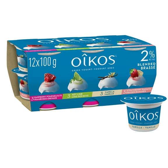 Oikos Greek Yogurt, Raspberry-Pomegranate/Key Lime/Vanilla/Strawberry-Banana, Blended 2% M.F., 12 x 100 g
