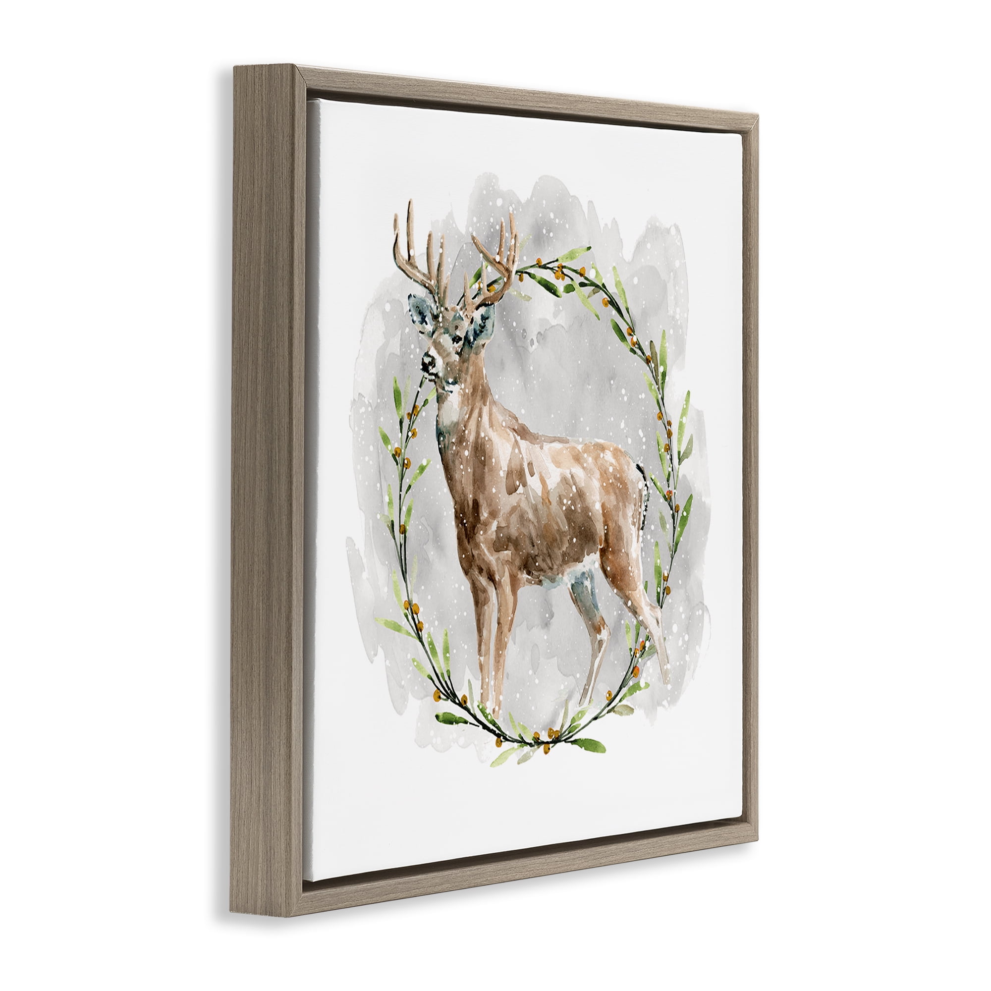 Stupell Industries Rustic Deer with Wreath Animals & Insects Painting Brown Floater Framed Canvas Art Prints Wall Art, 25 x 25